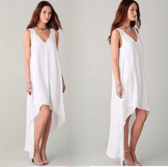 BCBGMaxAzria White Satin Asymmetrical Sleeveless High-Low Avery Dress - Picture 4 of 16